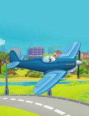 cartoon scene with police vehicle plane flying near park road - illustration for children