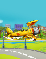 Obraz na płótnie Canvas cartoon scene with vintage vehicle biplane flying near park road - illustration for children