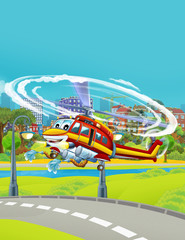 cartoon scene with fireman emergency vehicle helicopter flying near park road - illustration for children