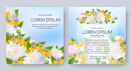 Floral vector card set with flowers of realistic white peony, celandine, purple viola. Romantic templates for wedding invitation, greeting card, cosmetic products, packages and other design elements