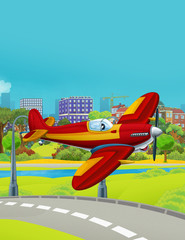 Obraz na płótnie Canvas cartoon scene with fireman vehicle plane flying near park road - illustration for children
