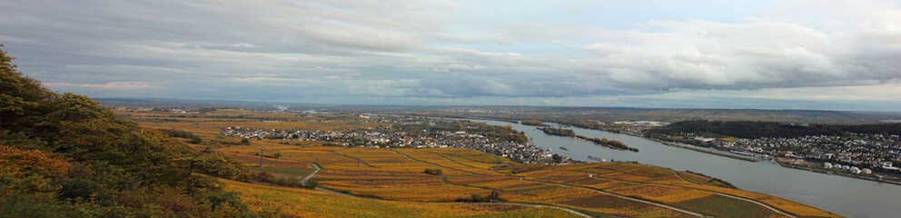 Fototapeta na wymiar Panoramic view of the cities of Rüdesheim and Bingen and the river Rhine