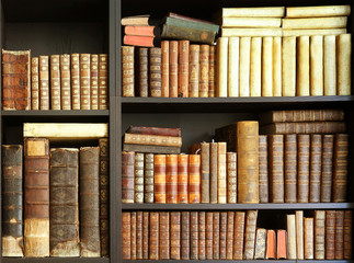 old books on wooden shelf