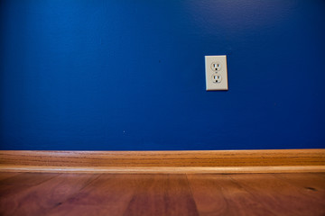 Blue Wall with an Electrical Outlet and a Wooden Floor
