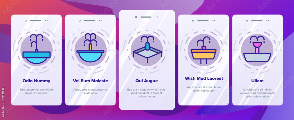 Poster drinking fountain onboarding mobile app page screen vector. different type of decorative public foun