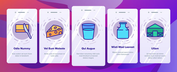 Cow Farming Animal Onboarding Mobile App Page Screen Vector. Cow Meat Steak And Head, Milk Cup And Bottle, Cheese And Butter With Knife Illustrations
