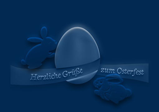 Ostergruesse, Ei und Hasen auf blauem Hintergrund