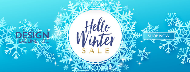 Winter seasonal sale discount marketing design layout. Hello winter banner concept. Snowflake theme design on light blue gradient background. Vector illustration template.
