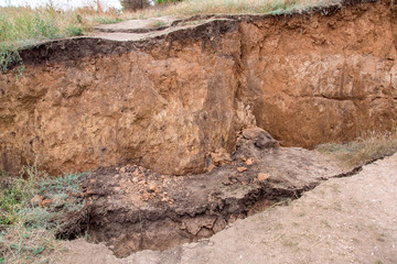 ecological disaster landslide of clay soil after an earthquake, a close up of earth cracks.