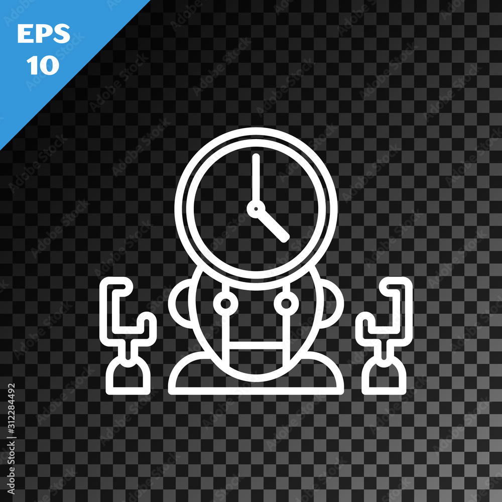 Poster white line robot and digital time manager icon isolated on transparent dark background. time managem