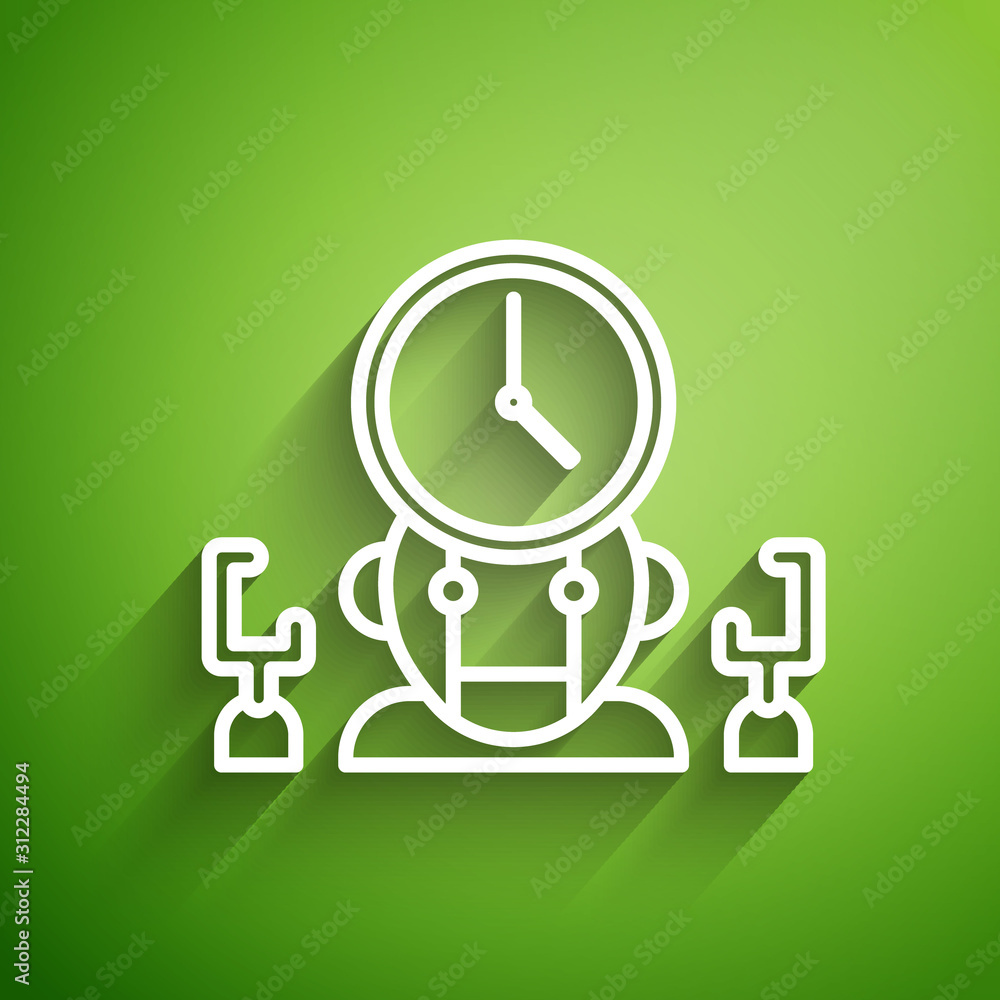 Poster white line robot and digital time manager icon isolated on green background. time management assista