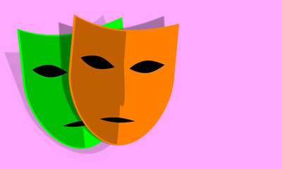 Camouflage the identity, hide the face. Theater, old comedy. Set of orange and green masks on lilac background. Illustration with space to copy paste. Mysterious aroma. Essence of the hidden.