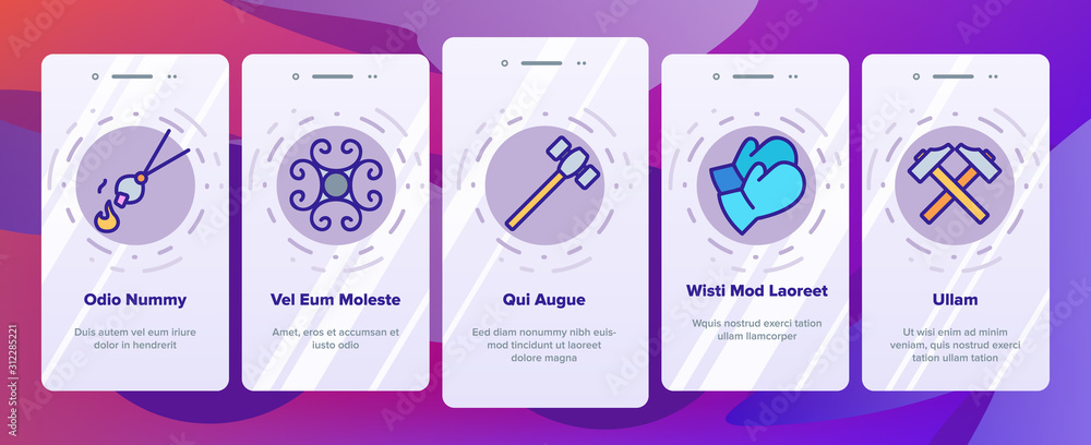 Poster blacksmith onboarding mobile app page screen vector. wrought fence and gate, railing and signboard, 