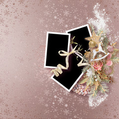 Winter frame for photo in scrapbook style. Winter album of memories. Beautiful Christmas frame for photos. New Year time. Christmas mood. Snow border on gentle pink background with golden accents