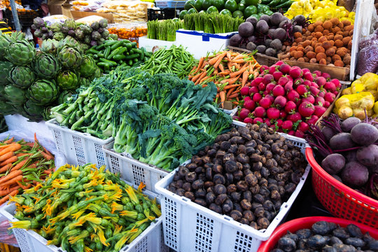 Fresh vegetables and fruits in Vietnam local market