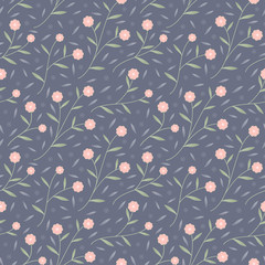 Small pink bloom flower and leaves seamless pattern vector background