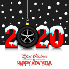 Fototapeta na wymiar 2020 New Year and car wheel hanging on strings