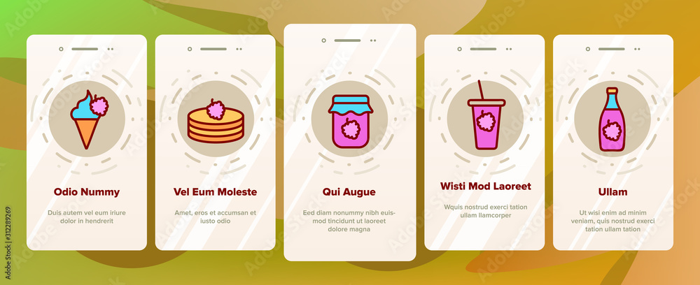 Poster raspberry nutrition onboarding mobile app page screen vector. raspberry jam and ice cream, cocktail 