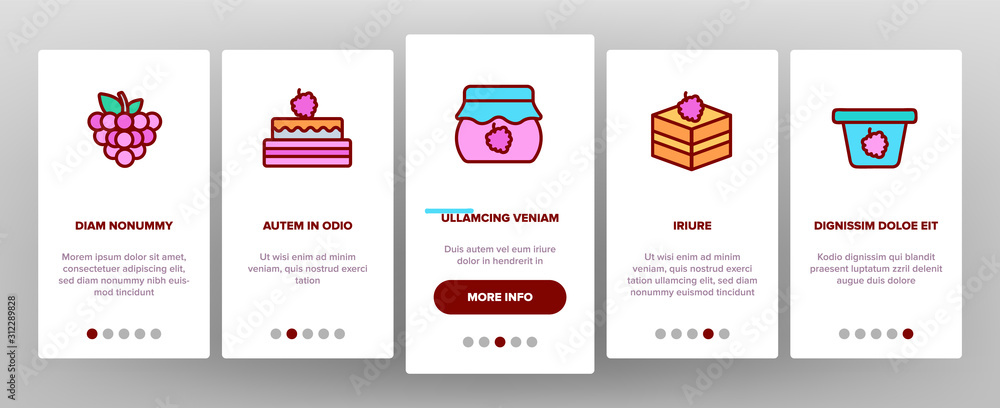 Poster raspberry nutrition onboarding mobile app page screen vector. raspberry jam and ice cream, cocktail 