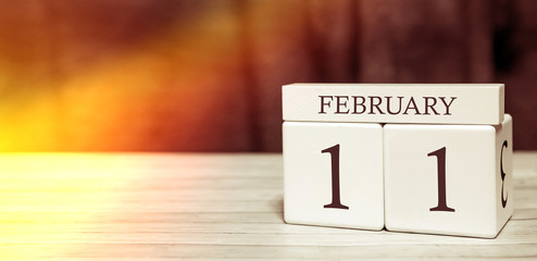 Calendar reminder event concept. Wooden cubes with numbers and month on February 11 with sunlight.