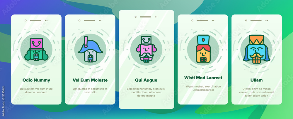 Poster nutcracker onboarding mobile app page screen vector. moustaches and ancient hat on soldier head, tee