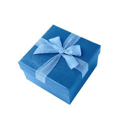 Blue gift box with ribbon isolated over white background.  Color of the year 2020 classic blue toned.