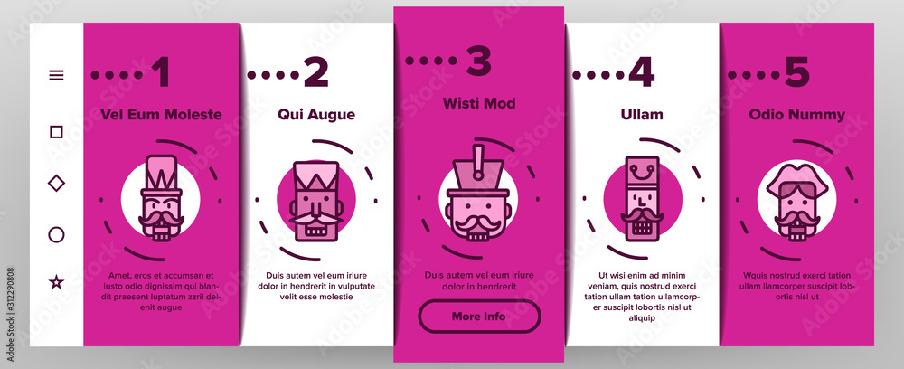Poster nutcracker onboarding mobile app page screen vector. moustaches and ancient hat on soldier head, tee