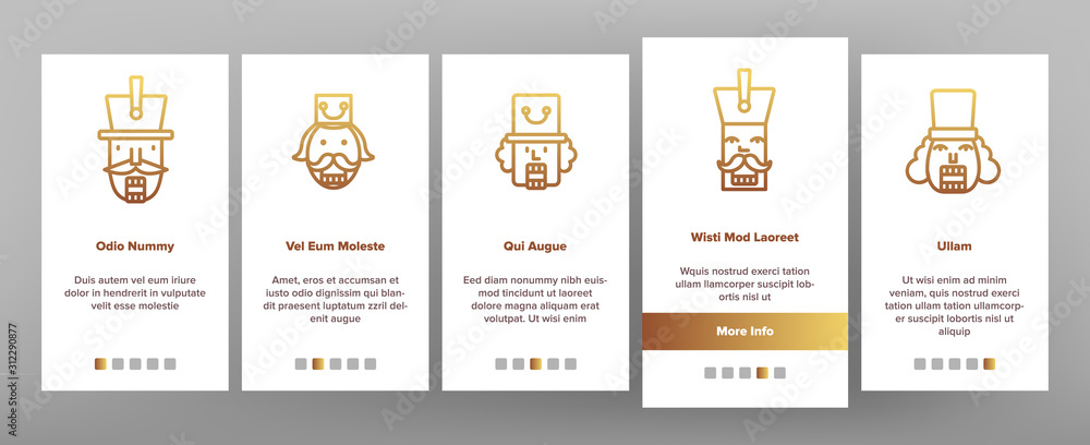 Poster nutcracker onboarding mobile app page screen vector. moustaches and ancient hat on soldier head, tee