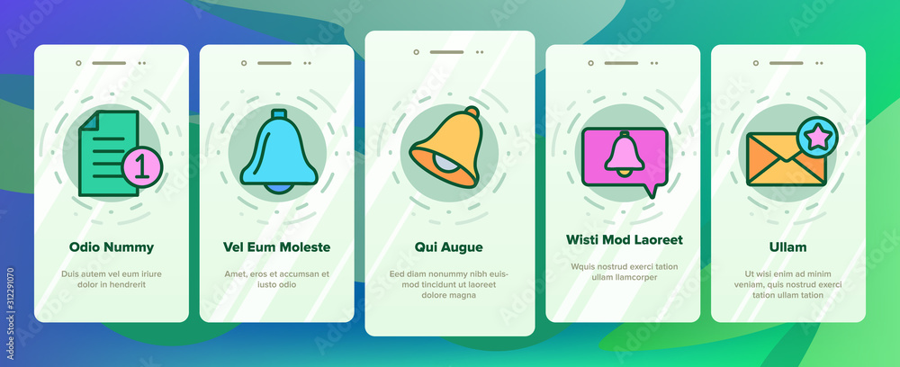 Poster notification onboarding mobile app page screen vector. ring bell and mail message, document file and