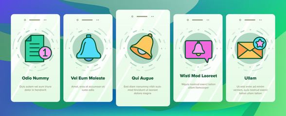 Notification Onboarding Mobile App Page Screen Vector. Ring Bell And Mail Message, Document File And Calendar Notification Illustrations