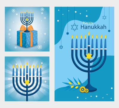 set poster of happy hanukkah with decoration vector illustration design