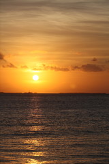 Naklejka na ściany i meble orange sunset at the beach with golden reflection