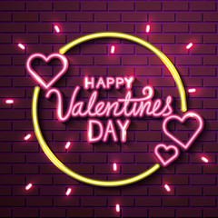 happy valentines day with hearts of neon lights vector illustration design