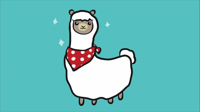  Llama wear red and white polka dot scarf sparkle cartoon doodle
