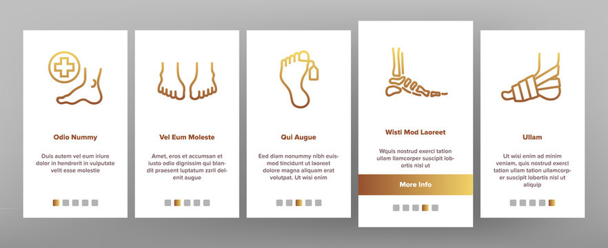 Foot Human Body Part Onboarding Mobile App Page Screen Vector. Skeletal Foot X-ray Photo And Bones, Footprint And Ankle, Gypsum And Heel Illustrations