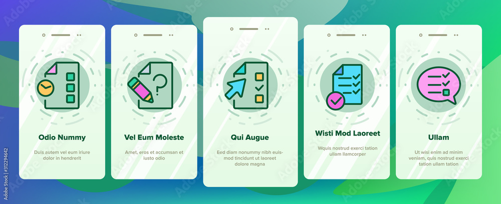 Poster exam test onboarding mobile app page screen vector. examination test list and notebook, online educa