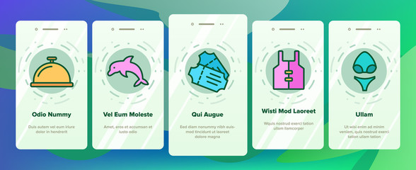 Cruise Travel Onboarding Mobile App Page Screen Vector. Cruise Ship And Steering Wheel, Island And Map, Tickets And Cocktail Glass Illustrations