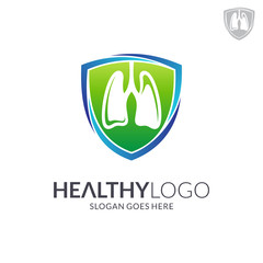 Lung shield logo. Healthy lung Icon. Lung care and protection logo template. Medical flat logo design. Vector of human respiratory health. Emblem/badge symbol