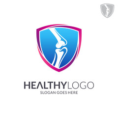 Bone shield logo. Healthy bone Icon. Knee bones and joints care protection logo template. Medical flat logo design. Vector of human body health. Emblem/badge symbol