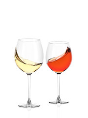 Splash of white and pink wine in glasses isolated on white background. Two glasses of white and pink wine on a white background.