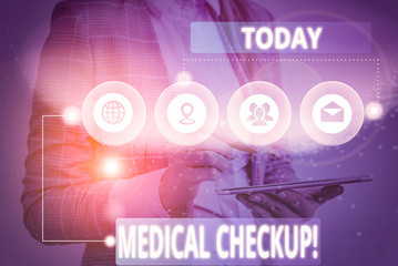 Fototapeta premium Writing note showing Medical Checkup. Business concept for thorough physical examination includes variety of tests Picture photo network scheme with modern smart device