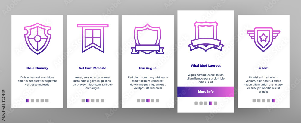 Poster blazon shield shapes onboarding mobile app page screen vector. medieval and antique blazon with ribb