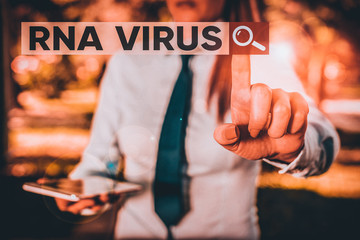 Word writing text Rna Virus. Business photo showcasing a virus genetic information is stored in the form of RNA Handsome business girl pointing with finger into empty space