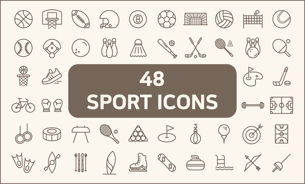Set of 48 sport Icons line style.  Contains such Icons as gymnastics, helmet, boxing, golf, tennis, basketball, baseball, soccer and more. customize color, stroke width control , easy resize.