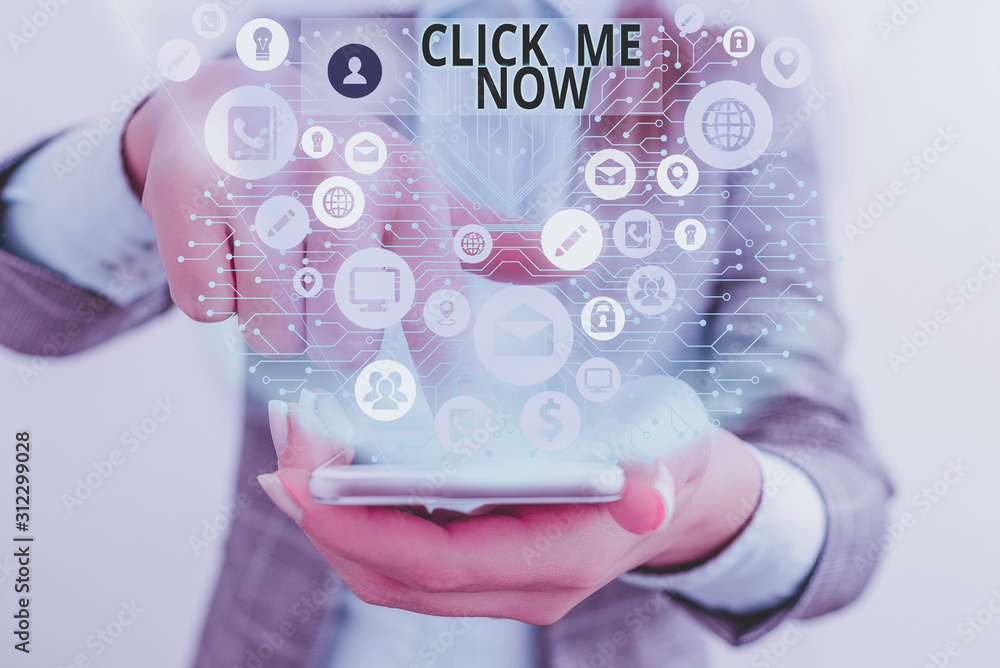 Poster writing note showing click me now. business concept for internet helping desk press the button onlin