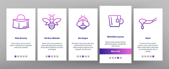 Bee And Honey Onboarding Mobile App Page Screen Vector. Bee On Flower, Wooden Barrel And Beekeeper Suit And Equipment, Beekeeping Illustrations