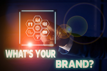 Conceptual hand writing showing What S Your Brand Question. Concept meaning asking about product logo does or what you communicate Picture photo network scheme with modern smart device