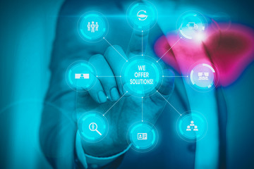 Writing note showing We Offer Solutions. Business concept for way to solve problem or deal with difficult situation Picture photo system network scheme modern smart device