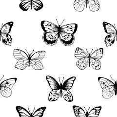 Butterflies. Vintage elegant black ink pattern. Delicate print design.