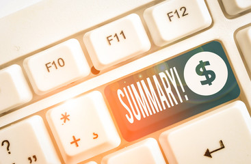 Word writing text Summary. Business photo showcasing brief statement or account of main points of...